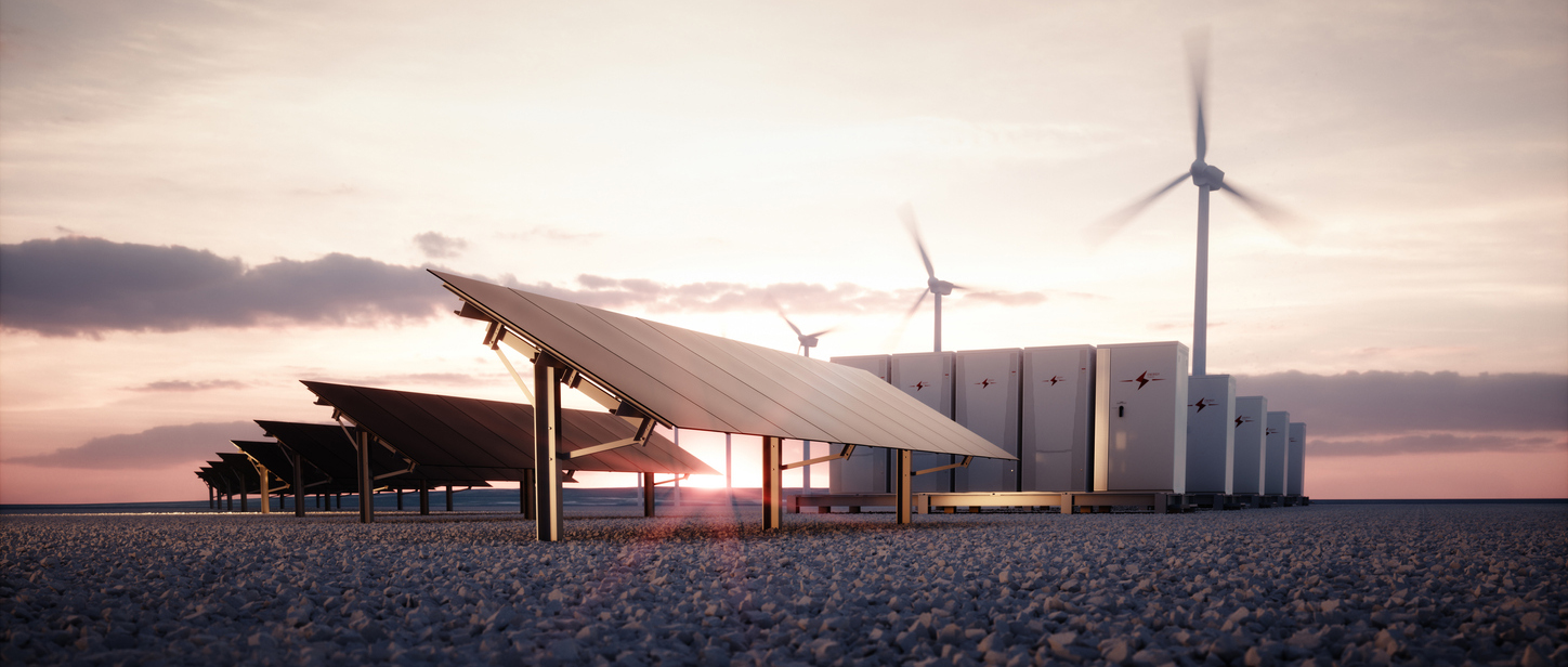 Image of solar panels, wind turbines and batteries